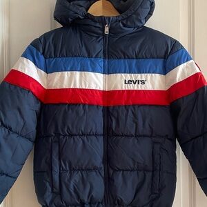 Levi's Kids Dark Blue Puffer Jacket with Tricolor Stripes - M (10/12)